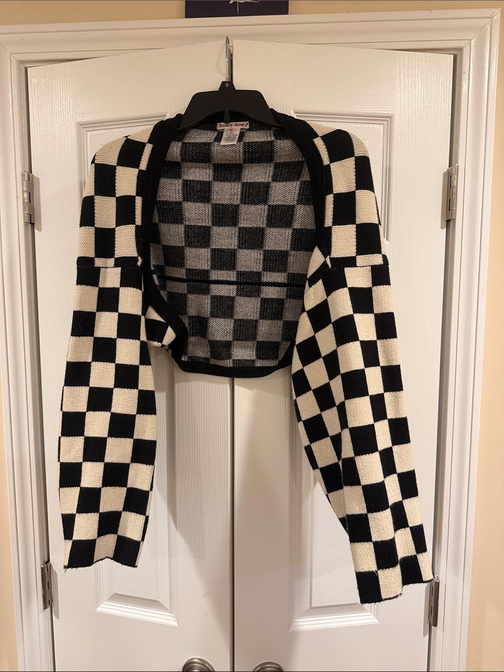 Checkerboard Open-Front Women's Cardigan Sweater - Black & Cream
